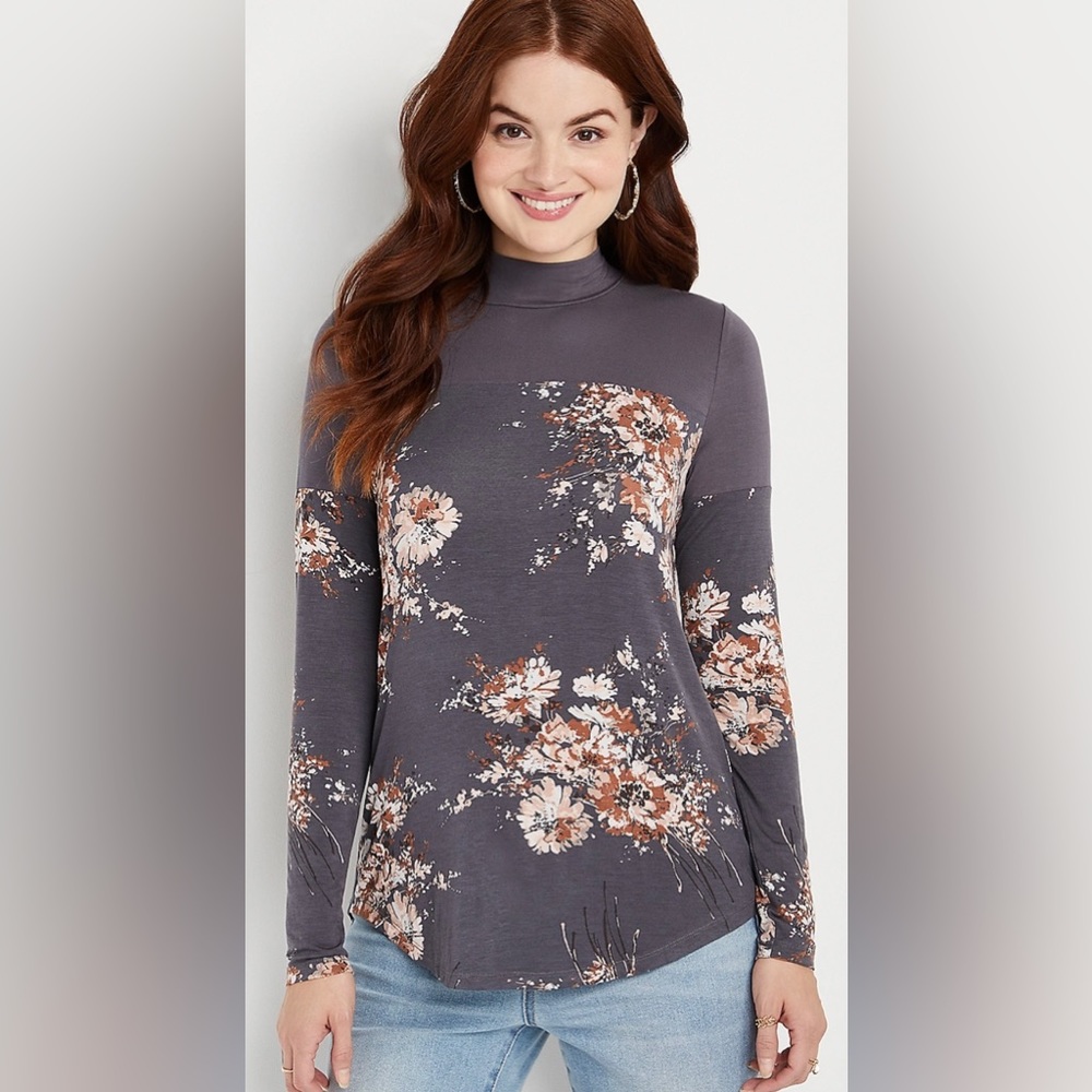 NWT MAURICES Gray Floral Long Sleeve Mock Neck Tee~ XXL